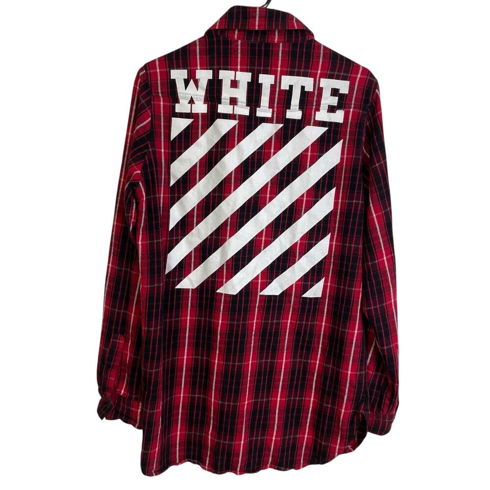 Off White Flannel Shirt Mens Size Medium Red Black Plaid Long Sleeve Graphic